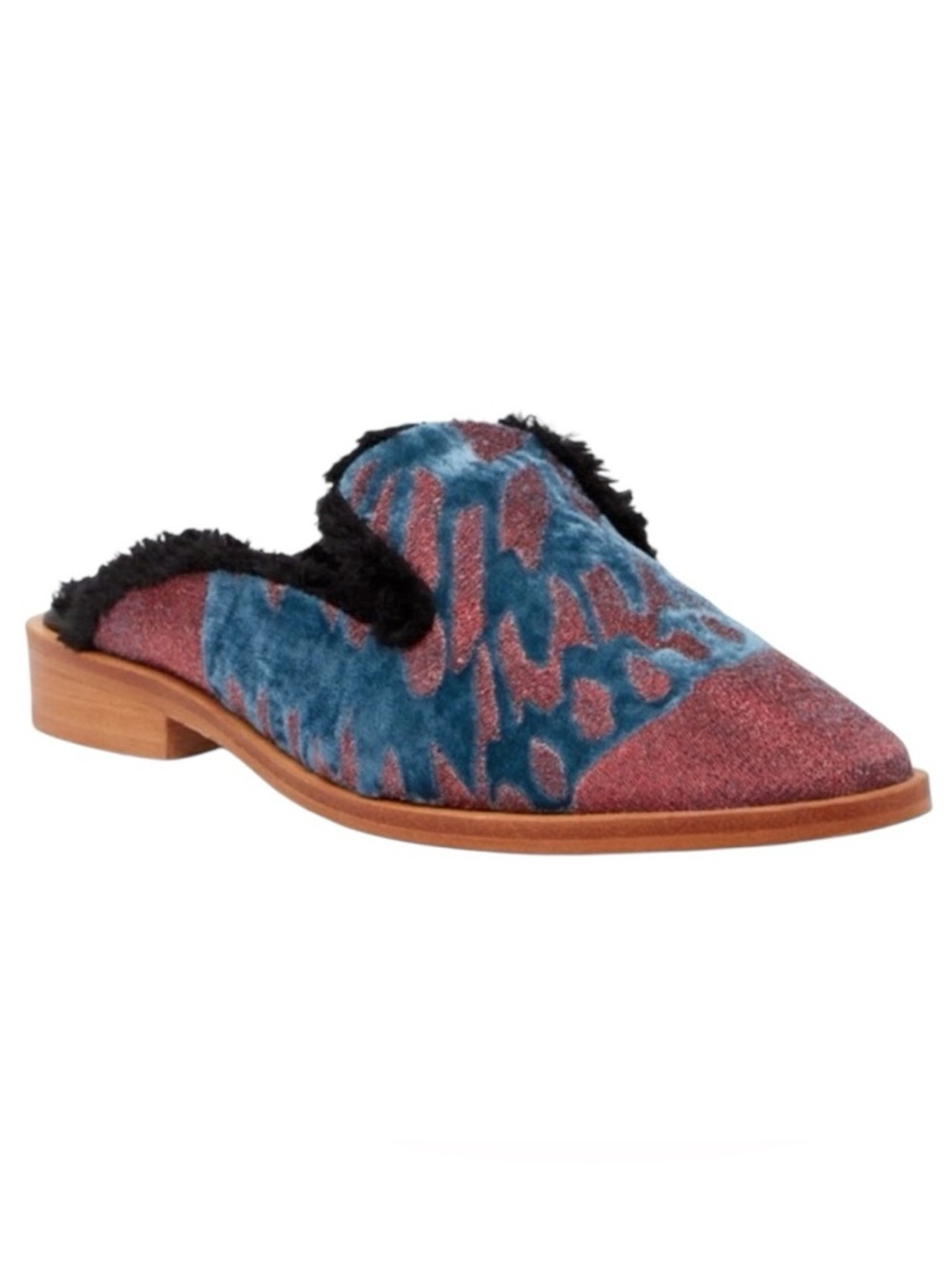 Free People Butterfly Effect Mules Metallic Fur Lined Pointed Toe Blue Red Black